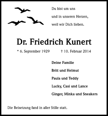 Anzeige von Friedrich Kunert von Kölner Stadt-Anzeiger / Kölnische Rundschau / Express