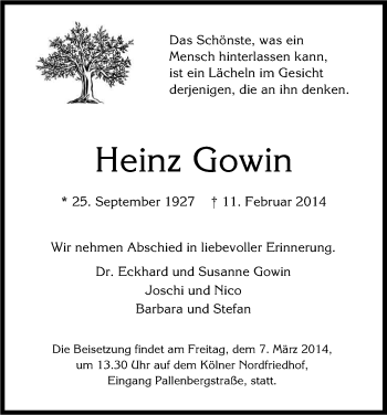 Anzeige von Heinz Gowin von Kölner Stadt-Anzeiger / Kölnische Rundschau / Express