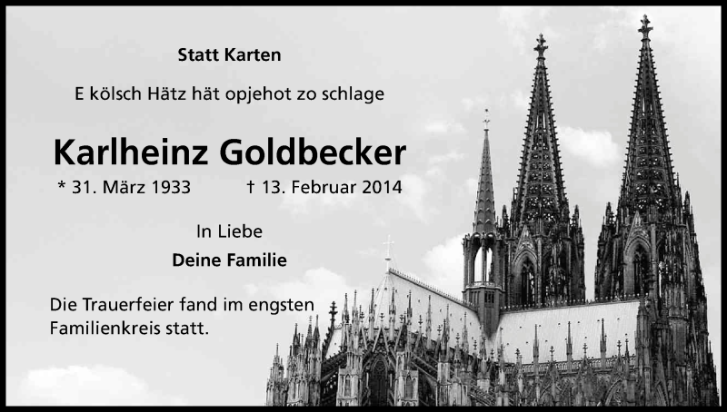  Traueranzeige für Karlheinz Goldbecker vom 22.02.2014 aus Kölner Stadt-Anzeiger / Kölnische Rundschau / Express