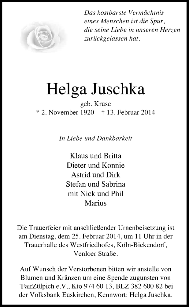  Traueranzeige für Helga Juschka vom 22.02.2014 aus Kölner Stadt-Anzeiger / Kölnische Rundschau / Express