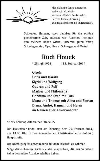 Anzeige von Rudi Houck von Kölner Stadt-Anzeiger / Kölnische Rundschau / Express