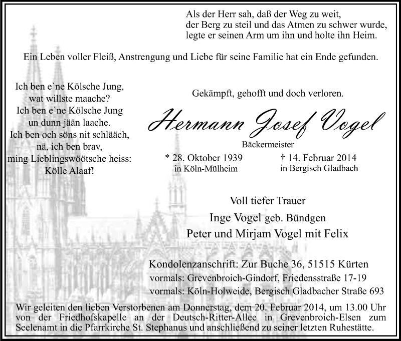  Traueranzeige für Hermann Josef Vogel vom 18.02.2014 aus Kölner Stadt-Anzeiger / Kölnische Rundschau / Express