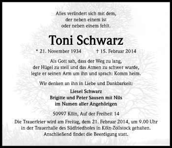 Anzeige von Toni Schwarz von Kölner Stadt-Anzeiger / Kölnische Rundschau / Express