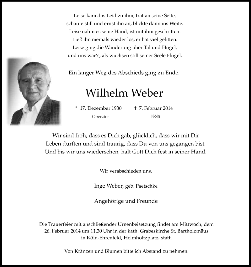  Traueranzeige für Wilhelm Weber vom 22.02.2014 aus Kölner Stadt-Anzeiger / Kölnische Rundschau / Express