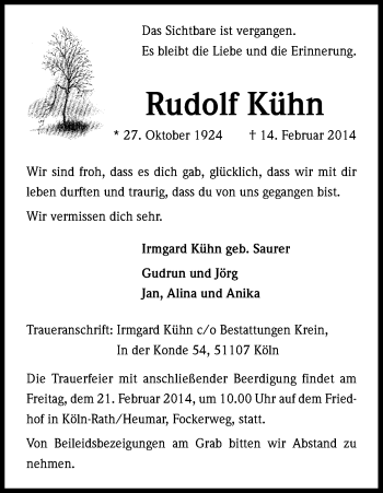 Anzeige von Rudolf Kühn von Kölner Stadt-Anzeiger / Kölnische Rundschau / Express