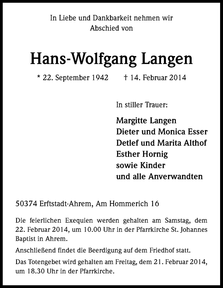  Traueranzeige für Hans-Wolfgang Langen vom 19.02.2014 aus Kölner Stadt-Anzeiger / Kölnische Rundschau / Express