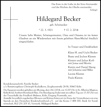 Anzeige von Becker Hildegard von Kölner Stadt-Anzeiger / Kölnische Rundschau / Express