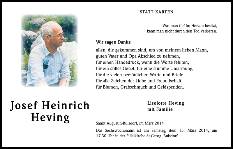  Traueranzeige für Josef Heinrich Heving vom 01.03.2014 aus Kölner Stadt-Anzeiger / Kölnische Rundschau / Express