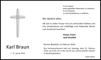 Anzeige von Karl Braun von Kölner Stadt-Anzeiger / Kölnische Rundschau / Express