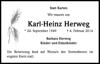 Anzeige von Karl-Heinz Herweg von Kölner Stadt-Anzeiger / Kölnische Rundschau / Express