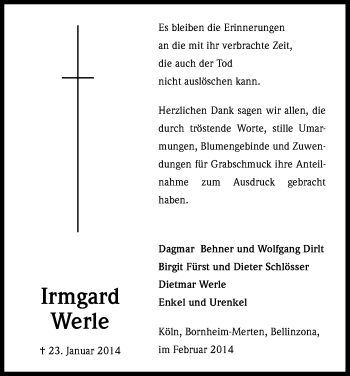 Anzeige von Irmgard Werle von Kölner Stadt-Anzeiger / Kölnische Rundschau / Express