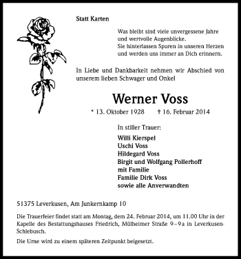 Anzeige von Werner Voss von Kölner Stadt-Anzeiger / Kölnische Rundschau / Express