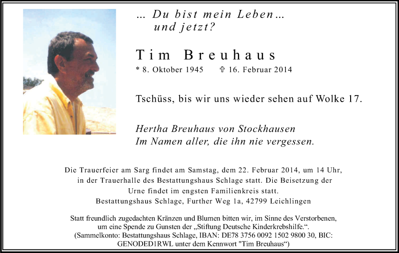 Traueranzeige für Tim Breuhaus vom 19.02.2014 aus Kölner Stadt-Anzeiger / Kölnische Rundschau / Express