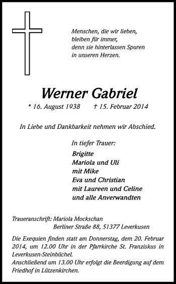 Anzeige von Werner Gabriel von Kölner Stadt-Anzeiger / Kölnische Rundschau / Express