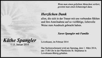 Anzeige von Käthe Sprangler von Kölner Stadt-Anzeiger / Kölnische Rundschau / Express
