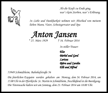 Anzeige von Anton Jansen von Kölner Stadt-Anzeiger / Kölnische Rundschau / Express