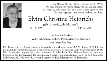 Anzeige von Elvira Christine Heinrichs von Kölner Stadt-Anzeiger / Kölnische Rundschau / Express