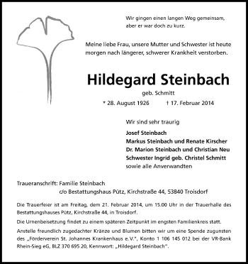 Anzeige von Hildegard Steinbach von Kölner Stadt-Anzeiger / Kölnische Rundschau / Express