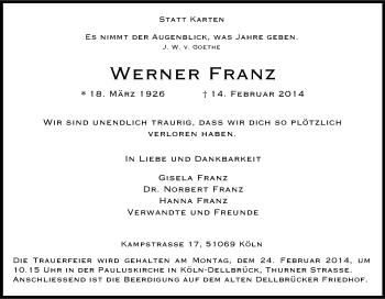 Anzeige von Werner Franz von Kölner Stadt-Anzeiger / Kölnische Rundschau / Express