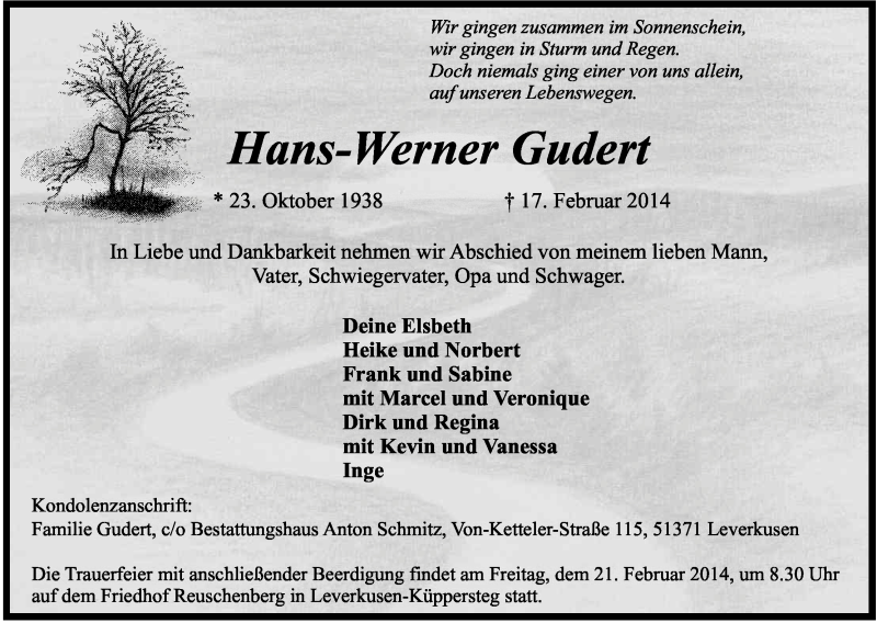  Traueranzeige für Hans-Werner Gudert vom 19.02.2014 aus Kölner Stadt-Anzeiger / Kölnische Rundschau / Express