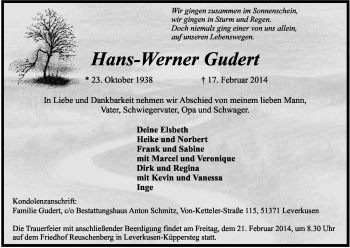 Anzeige von Hans-Werner Gudert von Kölner Stadt-Anzeiger / Kölnische Rundschau / Express