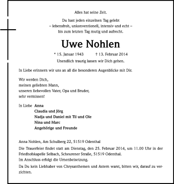 Anzeige von Uwe Nohlen von Kölner Stadt-Anzeiger / Kölnische Rundschau / Express
