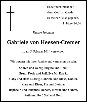 Anzeige von Gabriele von Heesen-Cremer von Kölner Stadt-Anzeiger / Kölnische Rundschau / Express
