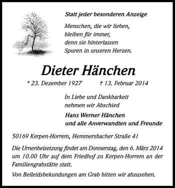 Anzeige von Dieter Hänchen von Kölner Stadt-Anzeiger / Kölnische Rundschau / Express