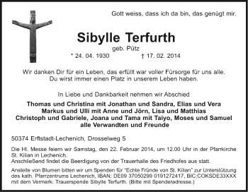 Anzeige von Sibylle Terfurth von Kölner Stadt-Anzeiger / Kölnische Rundschau / Express