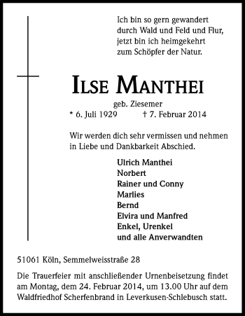 Anzeige von Ilse Manthei von Kölner Stadt-Anzeiger / Kölnische Rundschau / Express