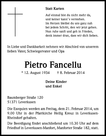 Anzeige von Pietro Fancellu von Kölner Stadt-Anzeiger / Kölnische Rundschau / Express