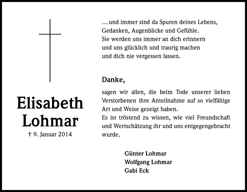  Traueranzeige für Elisabeth Lohmar vom 21.02.2014 aus Kölner Stadt-Anzeiger / Kölnische Rundschau / Express