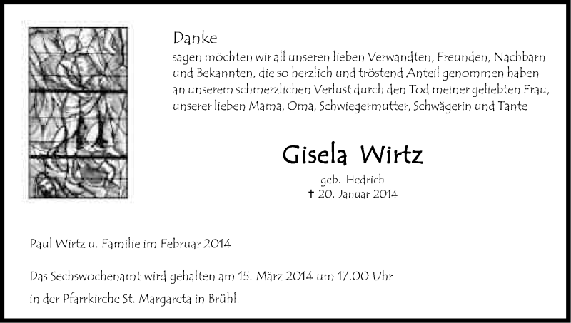  Traueranzeige für Gisela Wirtz vom 22.02.2014 aus Kölner Stadt-Anzeiger / Kölnische Rundschau / Express