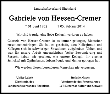 Anzeige von Gabriele von Heesen-Cremer von Kölner Stadt-Anzeiger / Kölnische Rundschau / Express