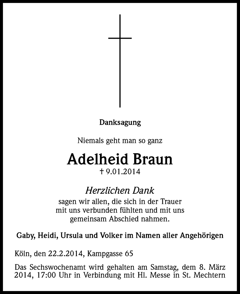  Traueranzeige für Adelheid Braun vom 22.02.2014 aus Kölner Stadt-Anzeiger / Kölnische Rundschau / Express