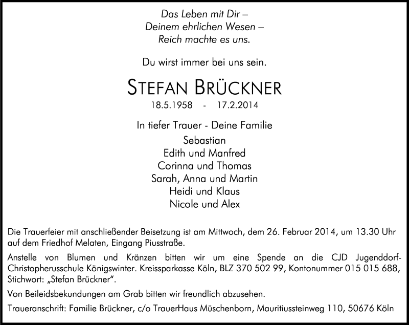  Traueranzeige für Stefan Brückner vom 22.02.2014 aus Kölner Stadt-Anzeiger / Kölnische Rundschau / Express