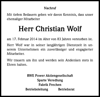 Anzeige von Christian Wolf von Kölner Stadt-Anzeiger / Kölnische Rundschau / Express