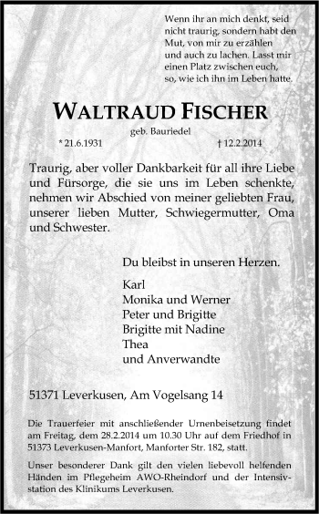 Anzeige von Waltraud Fischer von Kölner Stadt-Anzeiger / Kölnische Rundschau / Express