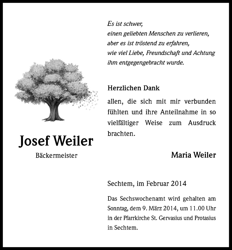  Traueranzeige für Josef Weiler vom 22.02.2014 aus Kölner Stadt-Anzeiger / Kölnische Rundschau / Express