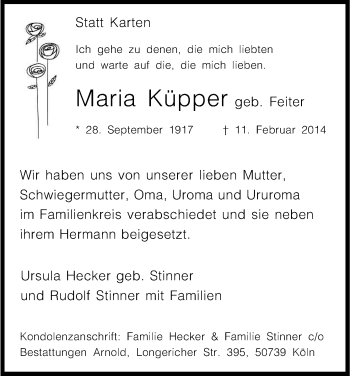 Anzeige von Maria Küpper von Kölner Stadt-Anzeiger / Kölnische Rundschau / Express