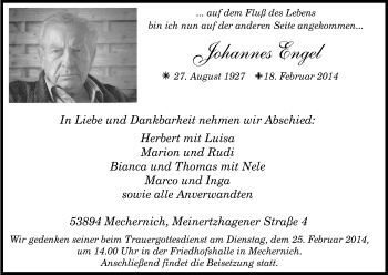 Anzeige von Johannes Engel von Kölner Stadt-Anzeiger / Kölnische Rundschau / Express