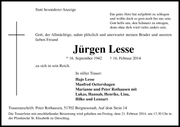 Anzeige von Jürgen Lesse von Kölner Stadt-Anzeiger / Kölnische Rundschau / Express
