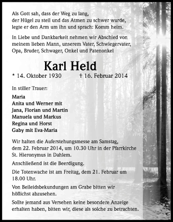 Anzeige von Karl Held von Kölner Stadt-Anzeiger / Kölnische Rundschau / Express