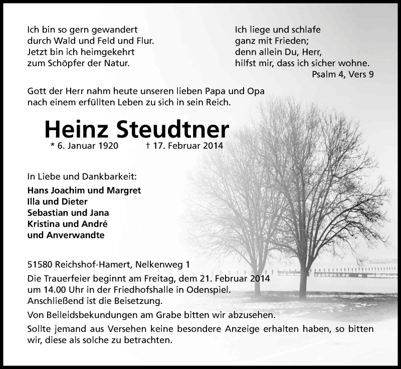  Traueranzeige für Heinz Steudtner vom 20.02.2014 aus Kölner Stadt-Anzeiger / Kölnische Rundschau / Express