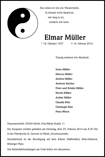 Anzeige von Elmar Müller von Kölner Stadt-Anzeiger / Kölnische Rundschau / Express