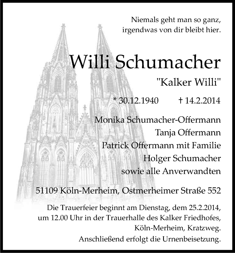  Traueranzeige für Willi Schumacher vom 22.02.2014 aus Kölner Stadt-Anzeiger / Kölnische Rundschau / Express