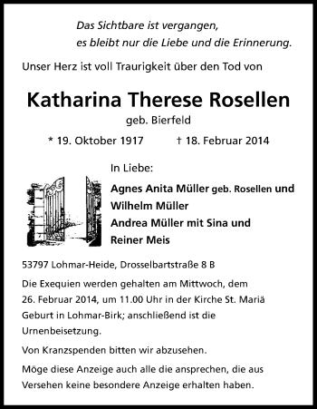 Anzeige von Katharina Therese Rosellen von Kölner Stadt-Anzeiger / Kölnische Rundschau / Express