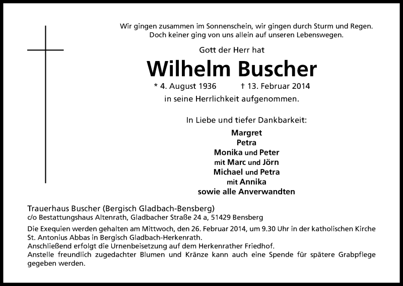  Traueranzeige für Wilhelm Buscher vom 20.02.2014 aus Kölner Stadt-Anzeiger / Kölnische Rundschau / Express