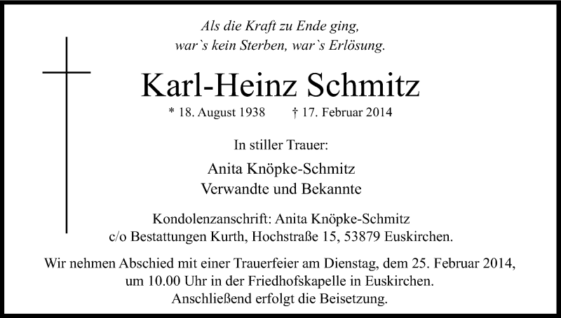  Traueranzeige für Karl-Heinz Schmitz vom 20.02.2014 aus Kölner Stadt-Anzeiger / Kölnische Rundschau / Express