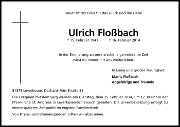 Anzeige von Ulrich Floßbach von Kölner Stadt-Anzeiger / Kölnische Rundschau / Express